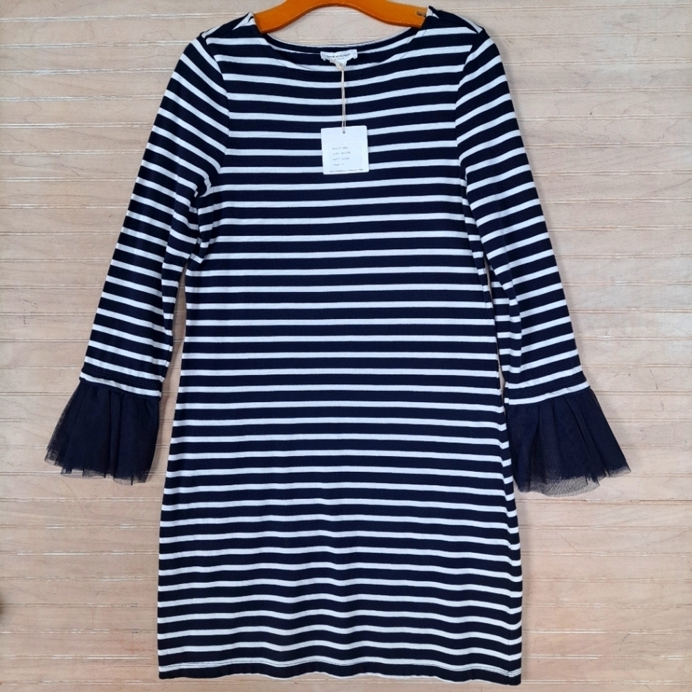 NWT Beachlunchlounge Shay Indigo Striped Cotton Sheer Tulle Flounce Cuff Dress